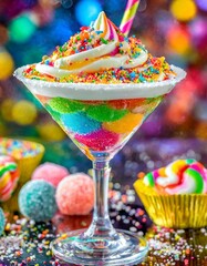 Candy Martini: Indulge your sweet tooth with a playful and colorful candy-inspired martini, featuring flavors like cotton candy or bubblegum, garnished with a rim of rainbow sprinkles