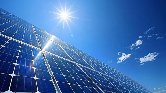 Solar panels standing against the backdrop of a deep blue sky