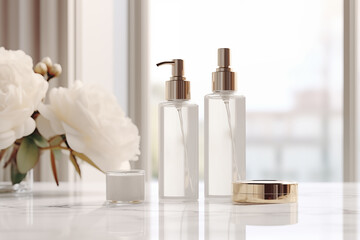 Luxurious cosmetic bottle mockups with elegant gold caps, displayed on marble surface with soft floral backdrop
