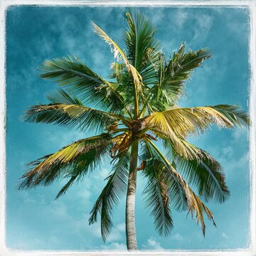 Beautiful tropical coconut palm tree on sky - Vintage Filter