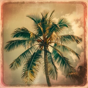 Beautiful tropical coconut palm tree on sky - Vintage Filter