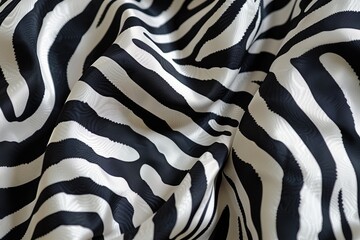 A close up picture of a fluffy blanket with zebra pattern, Zebra skin texture, top view of cloth fabrics, macro shot of animal hair, wavy and wrinkled surface and very soft and fluid, AI Generated