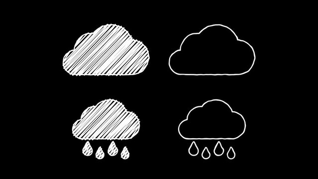 Doodle scribble element animated cartoon with alpha channel. Cloud, rain, sun, moon, star white line stickers motion graphic on transparent background.