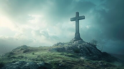 Large stone cross on top of a hill. AI generative.