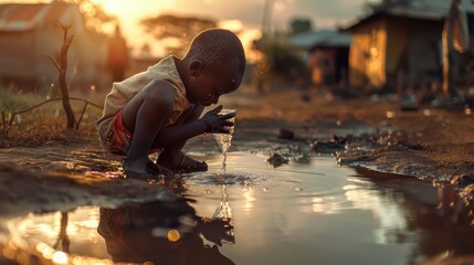 Little African boy drinks water from a puddle. AI generative.