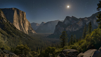 Generative AI, Moonlit Majesty: Yosemite Valley's Tranquil Nighttime Splendor