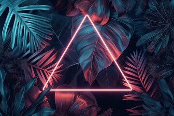 Obraz na płótnie Canvas neon triangle amidst moody tropical jungle, infused with vaporpunk, trillwave, and tinycore aesthetics, surrounded by exotic flora leaves, scifi futuristic design, album cover design.