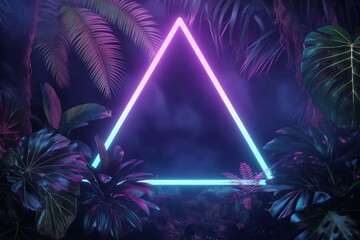 neon triangle amidst moody tropical jungle, infused with vaporpunk, trillwave, and tinycore aesthetics, surrounded by exotic flora leaves, scifi futuristic design, album cover design.




