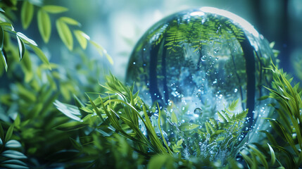Large water drop glistening surrounded by greenery in focus against a blurred background of nature, environmental illustration