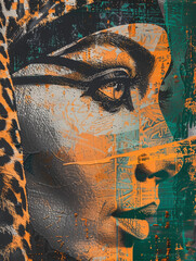 illustration of the Egyptian Queen Cleopatra, combinations of green and orange, close-up, grunge style, interior painting, ancient and modern art