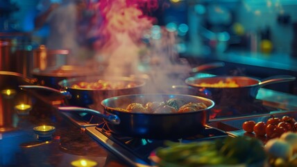 Culinary art in action with steaming pots on stove in a well-equipped home kitchen