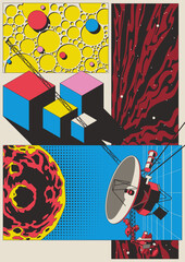 Abstract Space Poster. Space Probe, Asteroid, Planets, Perspective Grid, Geometric Shapes