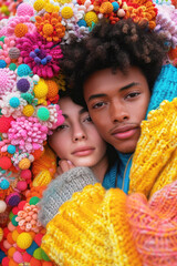 Creative vertical portrait of happy multiracial couple wearing colorful woolen sweater and surrounded by multicolored crochet flowers. Unity cultures and diversity concept. Generative Ai