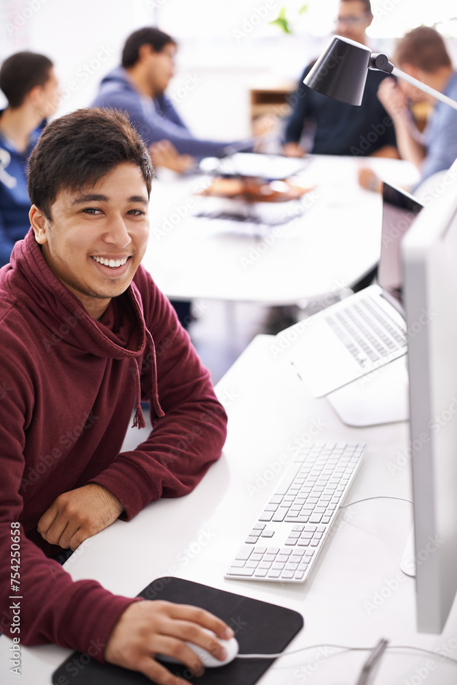 Poster Computer, programmer and portrait of happy man, software and update of information technology. Coder, employee and male person typing on keyboard for test of cybersecurity in application of office