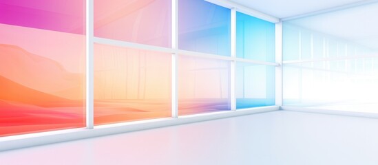 The room features multiple colored walls blending into each other in a gradient pattern. The floor is white, creating a striking contrast with the vibrant walls. Light streams in through a window,