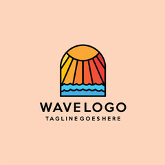 Ocean Sea Wave Logo Colorful Vector, Monoline Sunlight Icon Symbol, Summer Beach Creative Vintage Graphic Design