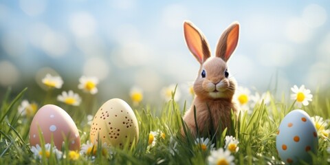 Easter bunny in green grass with painted eggs, sunny day, egg hunt, Happy Easter banner background - 754250617