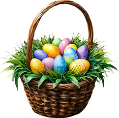 Easter witted basket with easter eggs. Colorful vector in watercolor style.