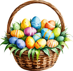 Easter witted basket with easter eggs. Colorful vector in watercolor style.