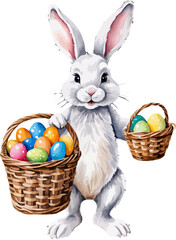 Easter bunny with wicker basket and easter eggs. Cartoon illustration. A vector in watercolor style