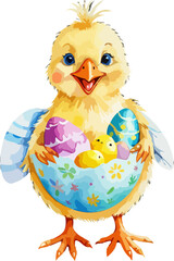 Easter illustration with chick and easter eggs. watercolor style vector