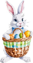 Easter bunny with wicker basket and easter eggs. Cartoon illustration. A vector in watercolor style