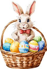 Easter bunny with wicker basket and easter eggs. Cartoon illustration. A vector in watercolor style