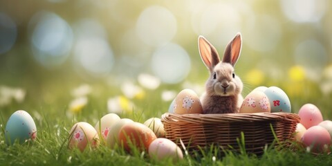 Easter bunny in green grass with painted eggs, sunny day, egg hunt, Happy Easter banner background - 754250839