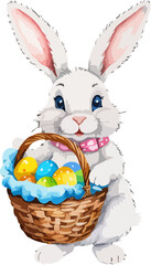 Easter bunny with wicker basket and easter eggs. Cartoon illustration. A vector in watercolor style