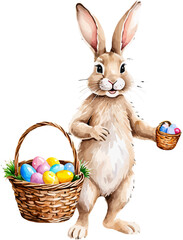 Easter bunny with wicker basket and easter eggs. Cartoon illustration. A vector in watercolor style