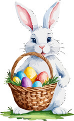 Easter bunny with wicker basket and easter eggs. Cartoon illustration. A vector in watercolor style