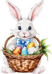 Easter bunny with wicker basket and easter eggs. Cartoon illustration. A vector in watercolor style