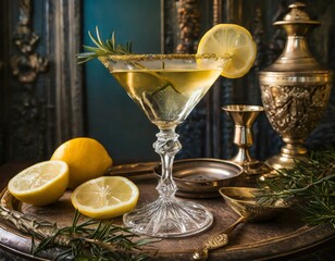 Vintage Glamour: Old Hollywood ambiance with a vintage-inspired martini, featuring classic ingredients like gin and vermouth, garnished with a twist of lemon and served in an antique crystal glass 