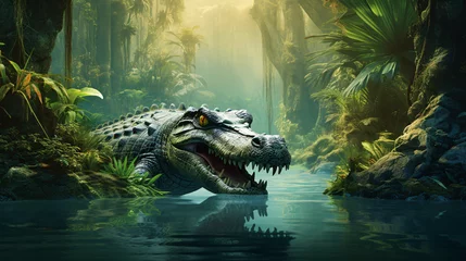 Poster Crocodile emerges from emerald waters a wild jungle © Anaya
