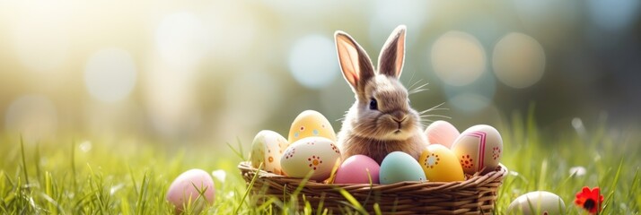 Easter bunny in green grass with painted eggs, sunny day, egg hunt, Happy Easter banner background - 754251036
