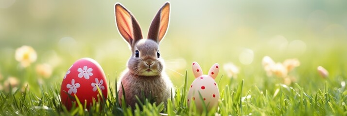 Easter bunny in green grass with painted eggs, sunny day, egg hunt, Happy Easter banner background - 754251046