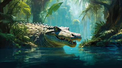 Crocodile emerges from emerald waters a wild jungle