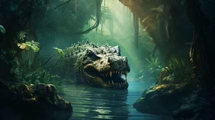 Poster Crocodile emerges from emerald waters a wild jungle © Anaya