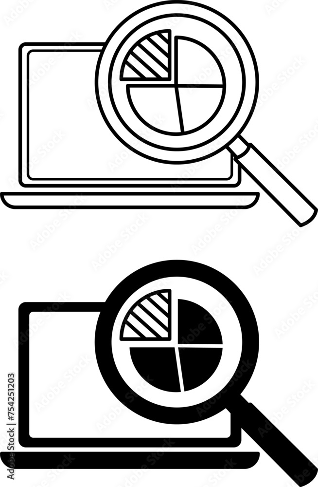 Poster data analytics icons. black and white vector icons of laptop and magnifying glass with diagram. expl