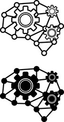 Deep Learning Icons. Black and White Vector Icons of Neural Networks in the Shape of a Human Brain and Gear. Artificial intelligence. Concept of Technology and Innovation