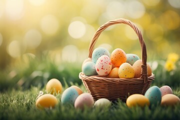 Easter wicker basket, colorful painted eggs in green grass, sunny day, egg hunt, banner background - 754251237