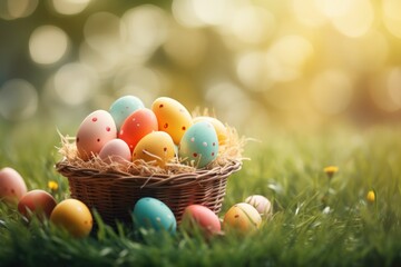 Easter wicker basket, colorful painted eggs in green grass, sunny day, egg hunt, banner background - 754251273