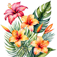 Watercolor Tropical Flowers Background 