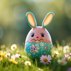 Easter bunny toy in green grass painted eggs, sunny day, egg hunt, Happy Easter banner background - 754251468