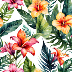 Watercolor Tropical Flowers Background 