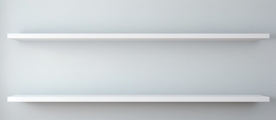 Two white shelves are securely mounted on a wall in a room, creating storage space for items or décor. The shelves are positioned parallel to each other and blend seamlessly with the rooms decor.