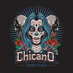 Vector Illustration of Tattoed Girl, Skulls, Roses and Tattoo Tools with Vintage Hand Drawing Style Available for Tshirt Design