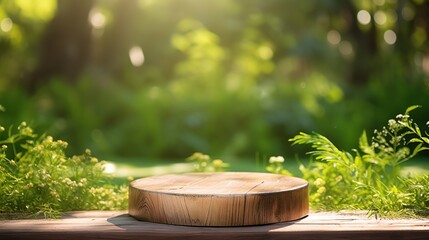 Beautiful round wooden podium, pedestal for an object on a background of lush green grass. Sunlight,