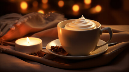 Cup of hot chocolate with cream and candles