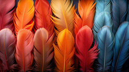 Colorful feathers arranged in rows, transitioning smoothly from one hue to another.